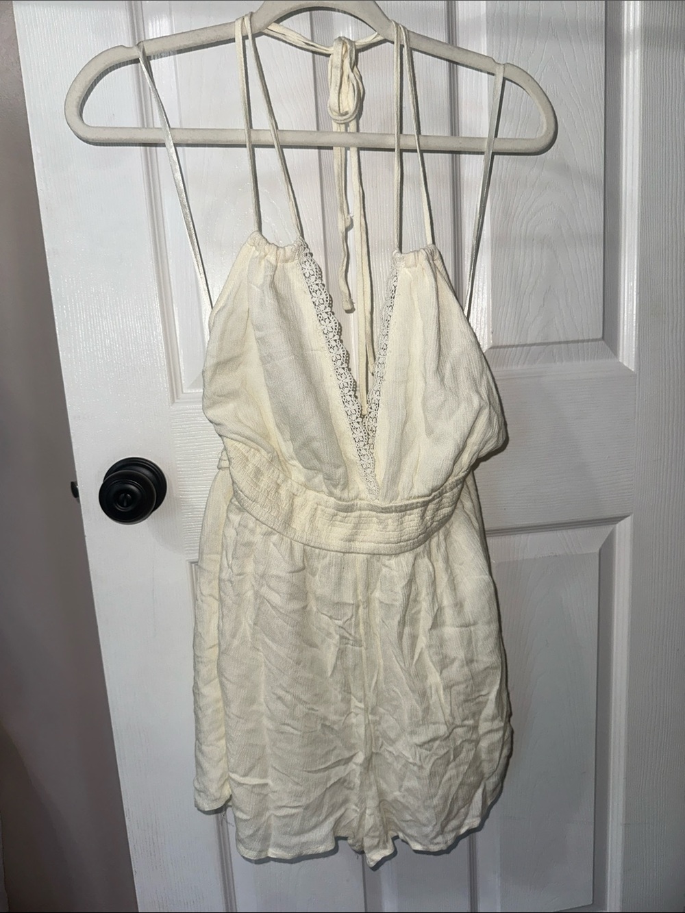 Cream Halter Romper Dress with Lace Trim Lulus